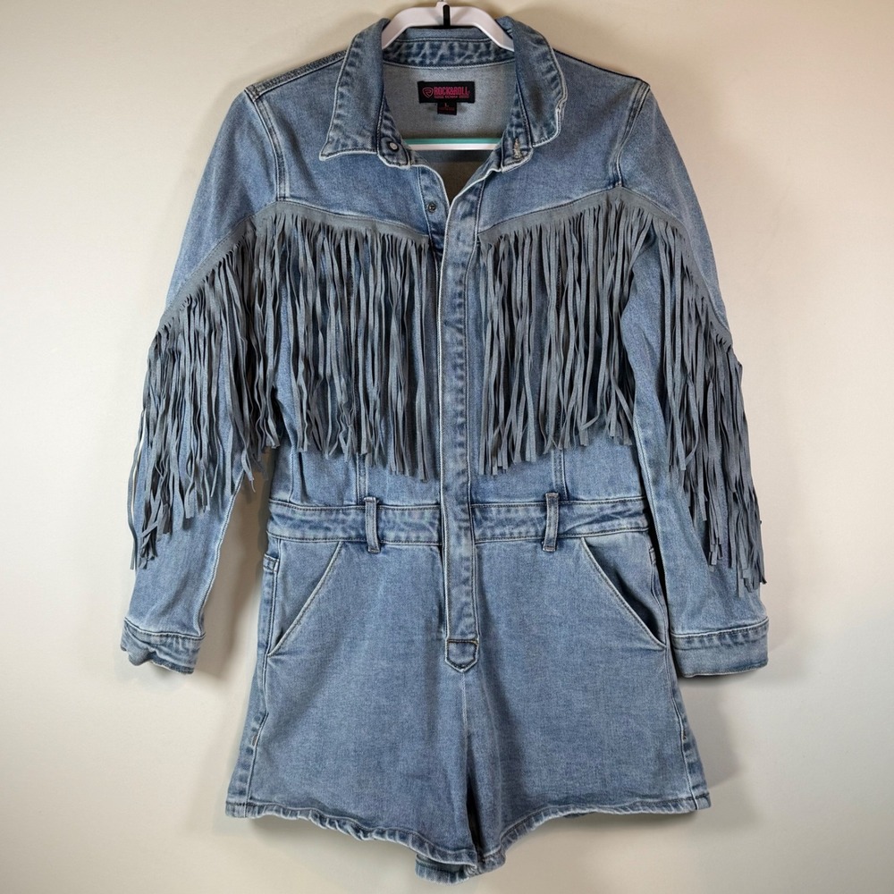 Rock & Roll Denim Fringe Romper Womens L Blue Western Boho Cowgirl Rodeo Concert
